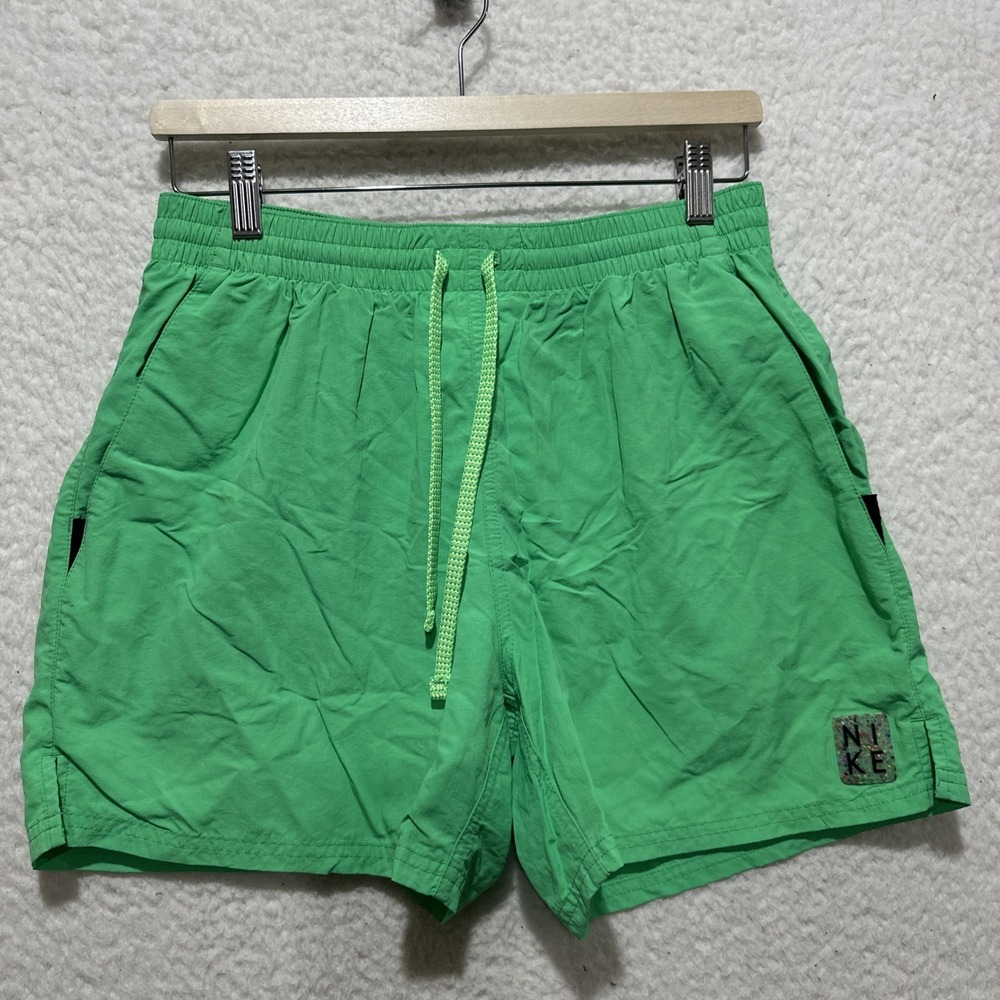 NIKE Swim Shorts Trunks Men's Size‎ M Green Brief-Lined Drawstring Pockets Logo